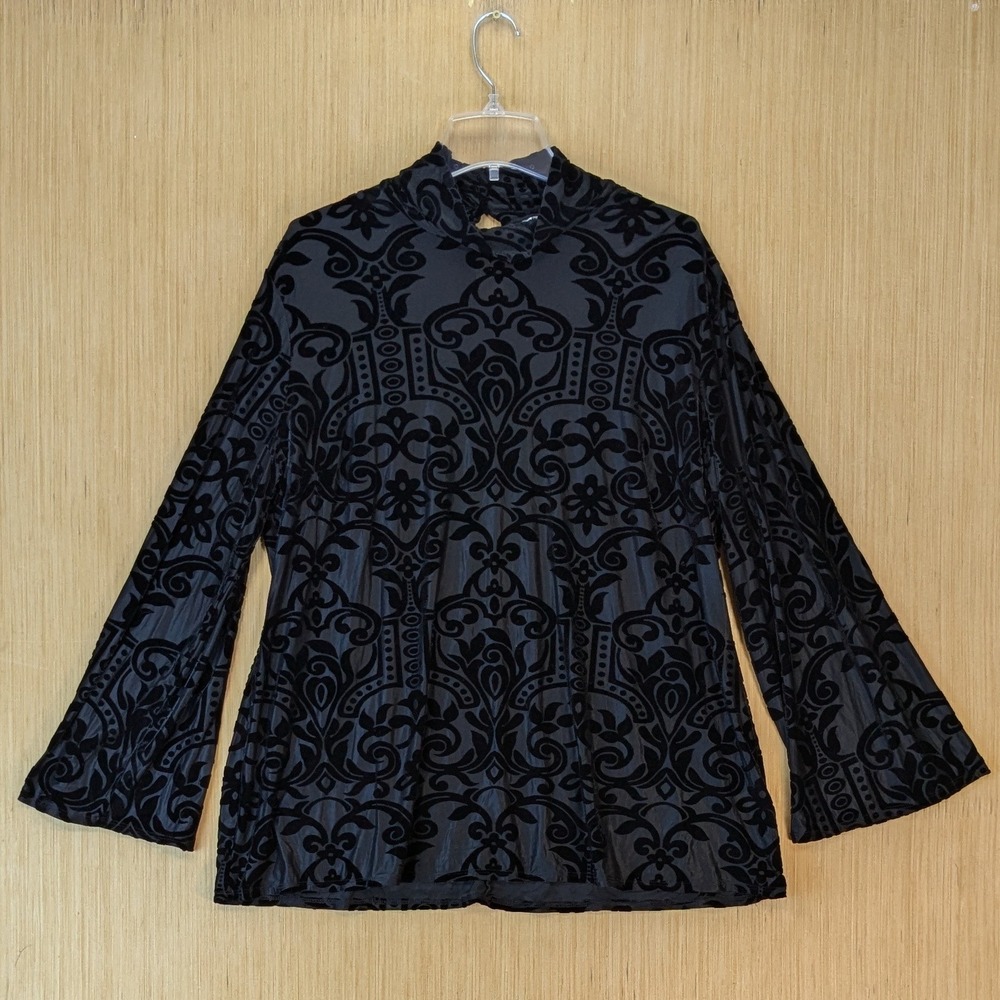 Womens Black Velvet Burnout Whimsygoth Witchy Goth Bell Sleeve Blouse Top XL